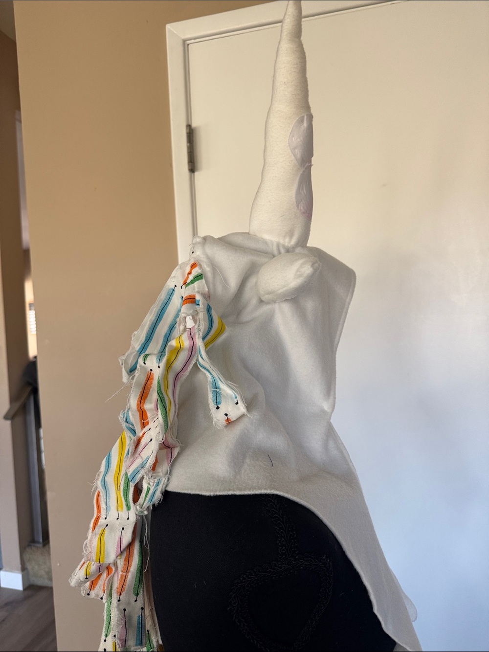 Hand Crafted White Unicorn Hood with Rainbow Striped Mane